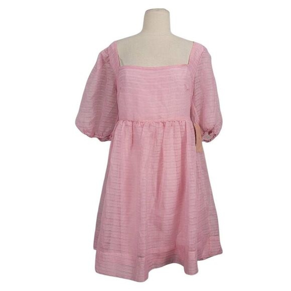 NWT BHLDN x Free People Alaine Babydoll Mini Dress Sz 12 Organza Pink Puff Sleev - Picture 2 of 7
